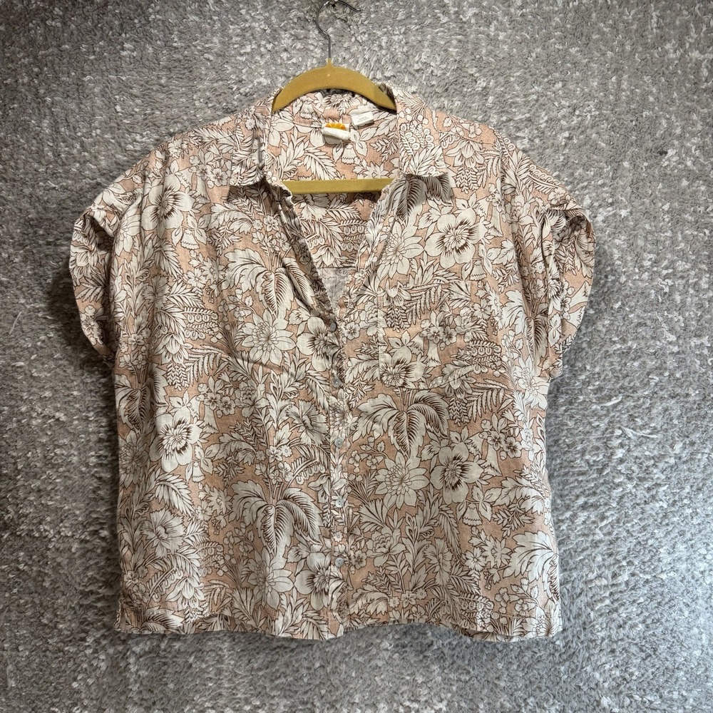 C&C CALIFORNIA Linen Floral Button Up Shirt L Brown, White Coastal Boxy Boho
